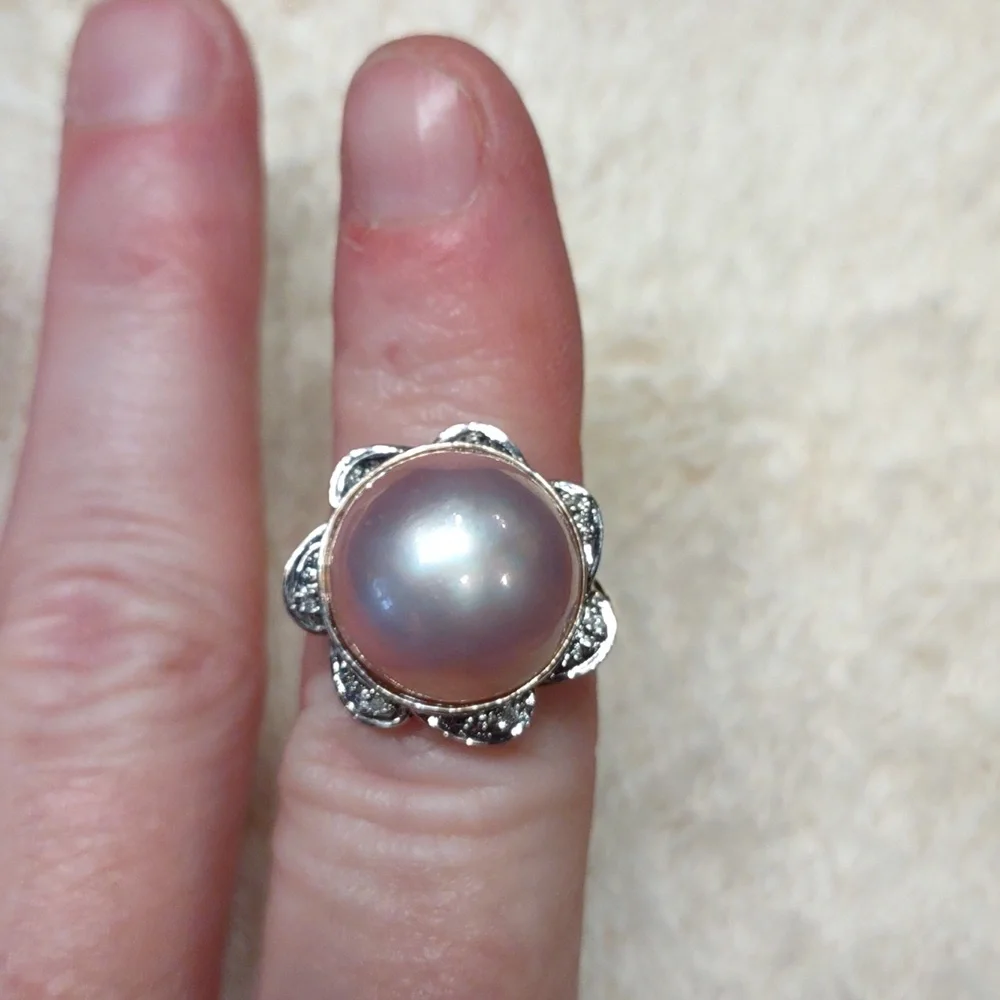 Pink Mabe Pearl Ring White Gold Accents, Pinpoint Diamonds, 14kt Yellow Gold